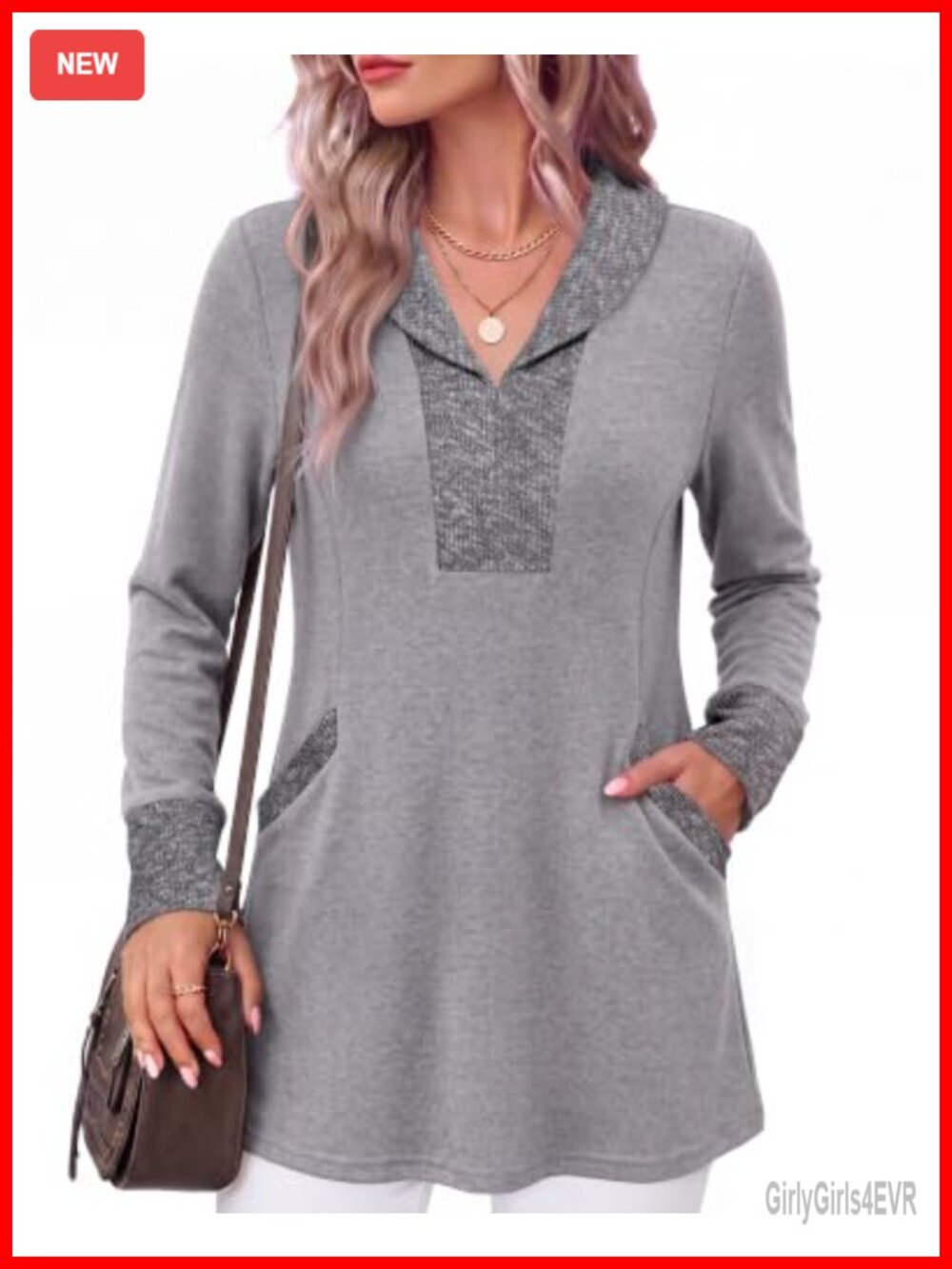 Womens V Neck Tunic Sweater with Pockets Long Sleeve Knit Top